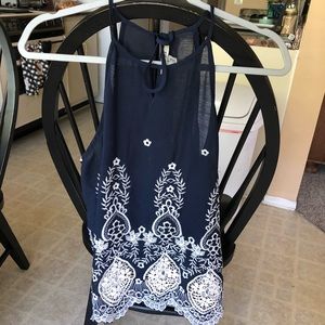 Navy blue blouse tank with white lace detailing